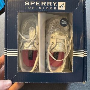 Sperry Bahama Crib Shoes, white iridescent